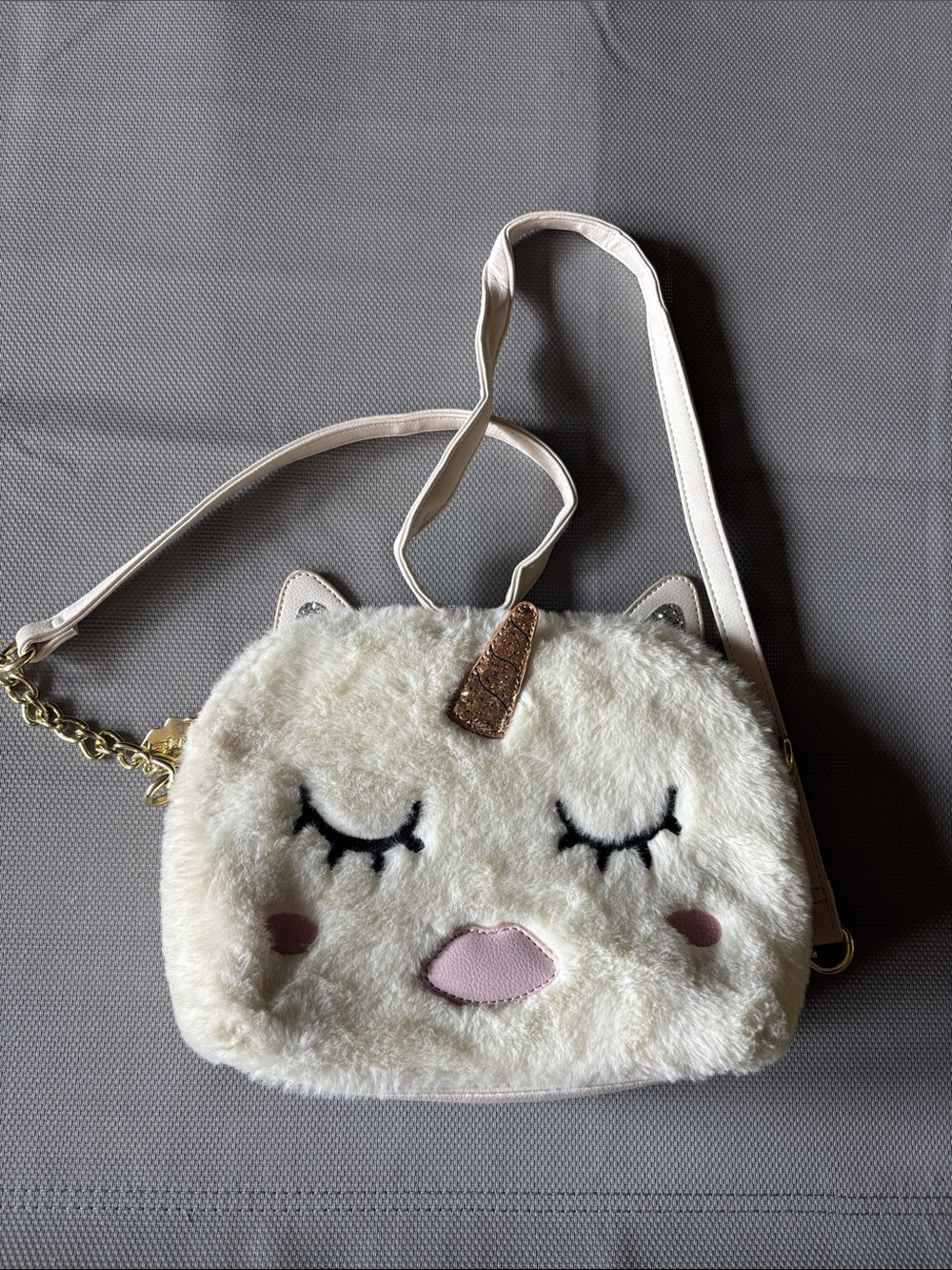 Betsey Johnson Cream Plush Unicorn Crossbody with Pink Accents